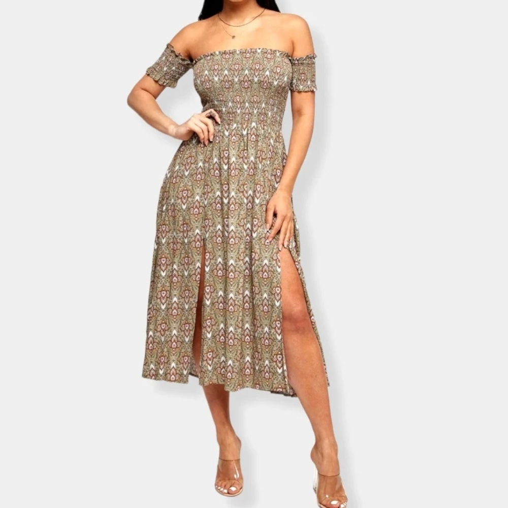 Paisley Off Shoulder Midi Dress